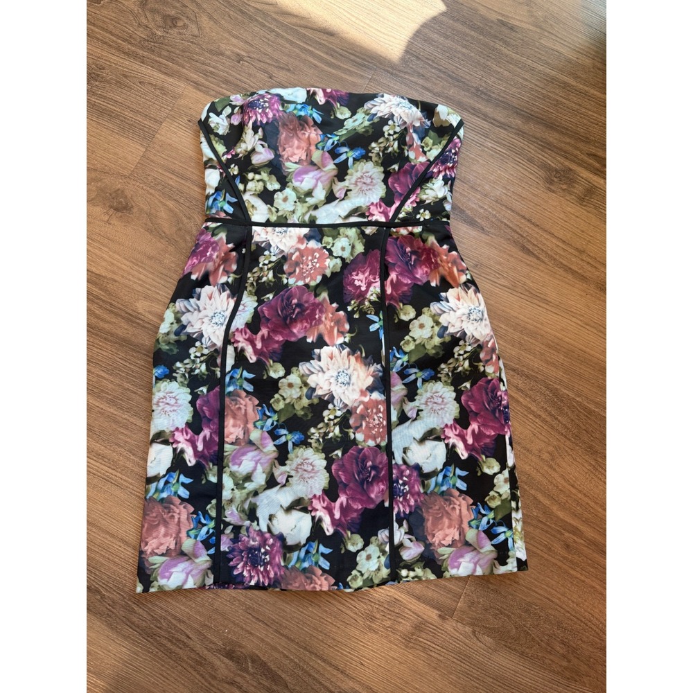 Kimchi Blue Strapless Floral Mini Dress Black Multi Color Smocked Back Size M